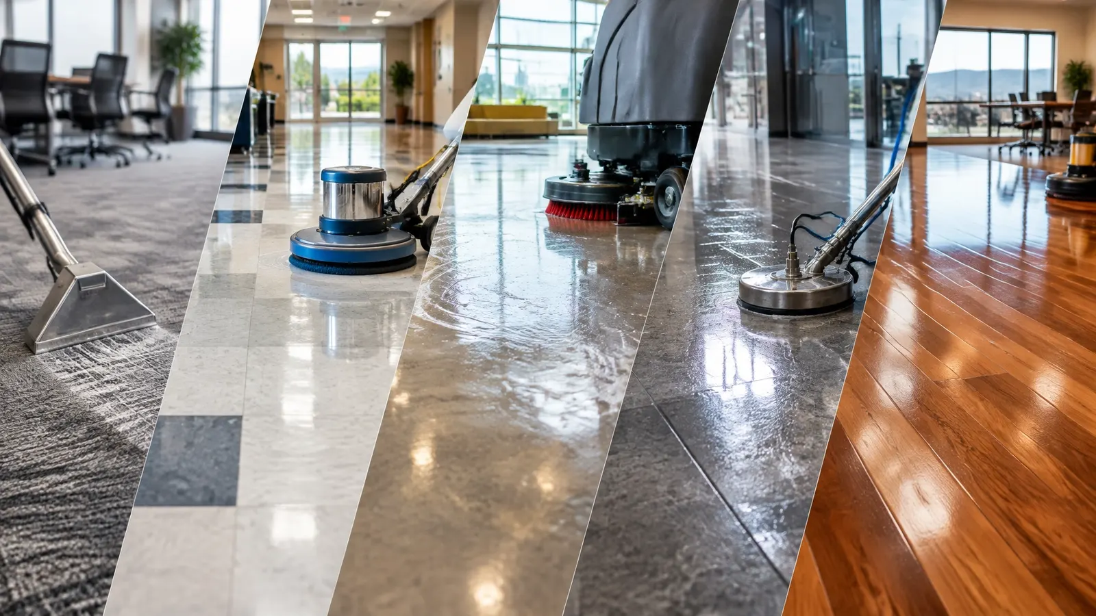 Commercial floor cleaning equipment working across carpet, tile, stone, and wood floors